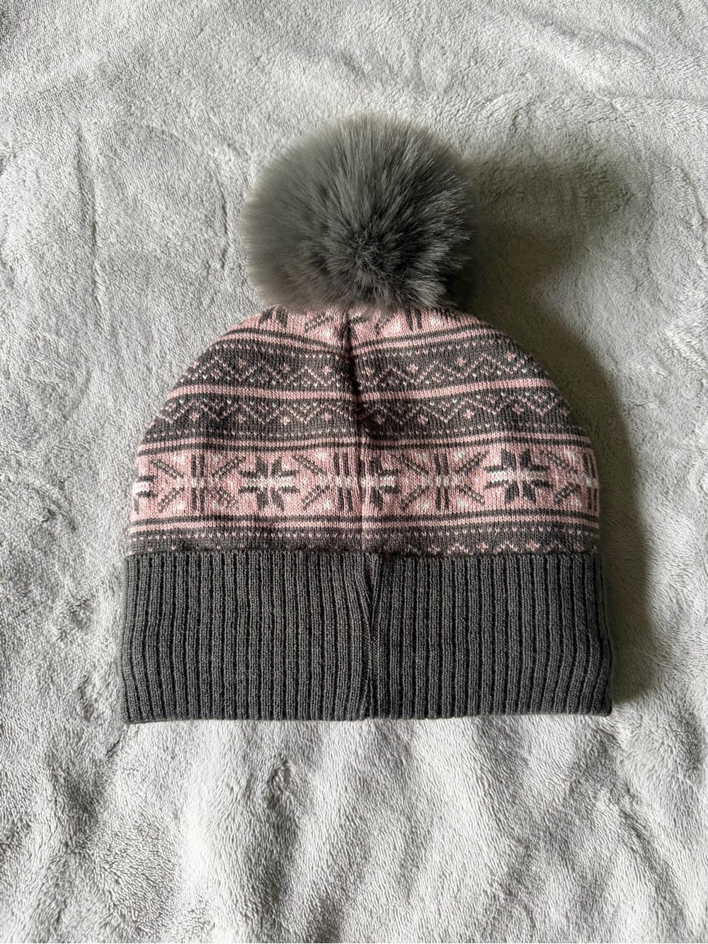 Kids Grey and Pink Fair Isle Pom Beanie
